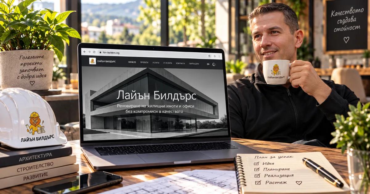 Снимка на авторски сайт на Ивайло Петров, зареден на лаптоп и работещ, докато собственикът му пие кафе