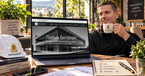 Снимка на авторски сайт на Ивайло Петров, зареден на лаптоп и работещ, докато собственикът му пие кафе