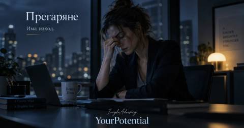 Жена с бърнаут, уморена, привечер пред лаптопа си